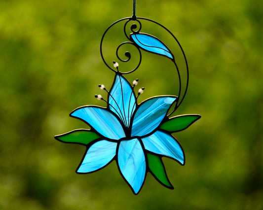 Stained glass blue lily window hangings suncatcher, flower gift