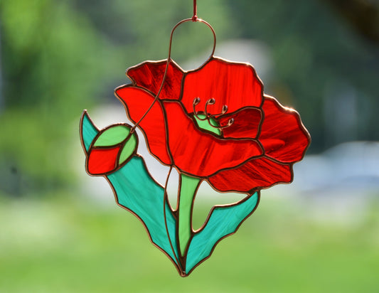 Handmade Stained Glass Poppy Suncatcher– Window Ornament, Unique Flower Gift