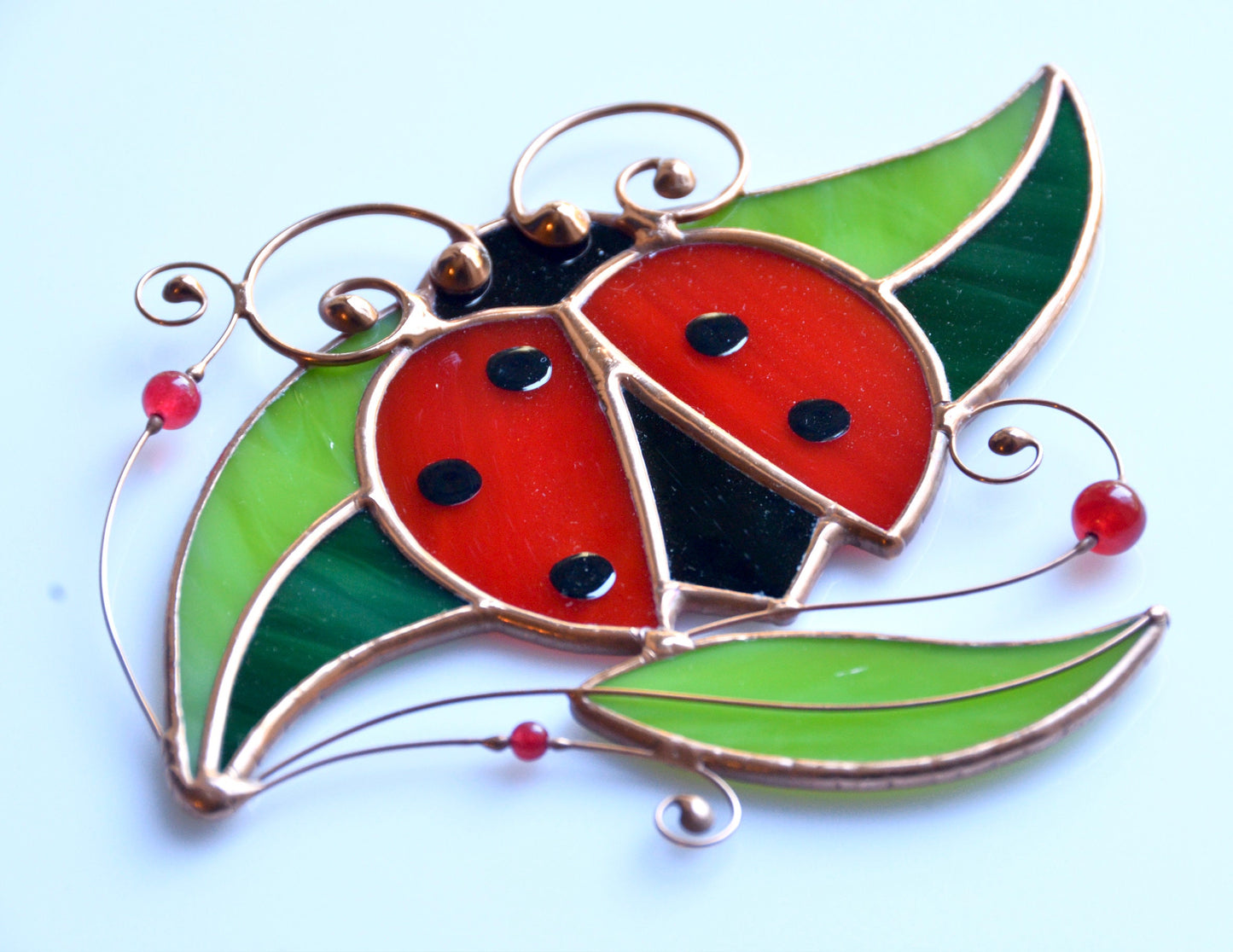 Stained glass ladybug suncatcher, window hanging decoration