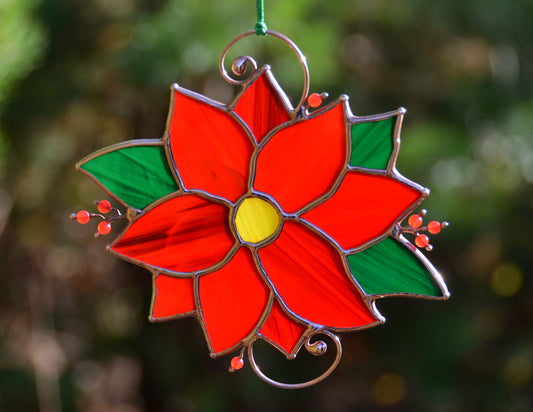 Stained Glass Poinsettia Suncatcher: Winter Flower Window Hanging