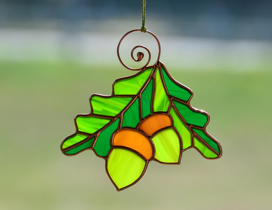Autumn Stained Glass Suncatcher – Acorn and Leaf Window Hanging Ornament