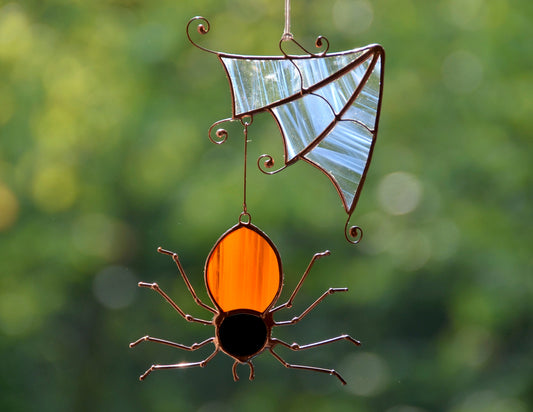 Stained glass Halloween suncatcher, window hanging spider ornament