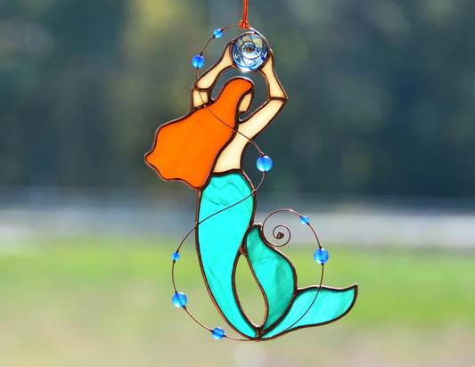 Stained glass mermaid suncatcher, mermaid gift idea, window hangings, sea lover gift, beach decor, Tiffany glass art
