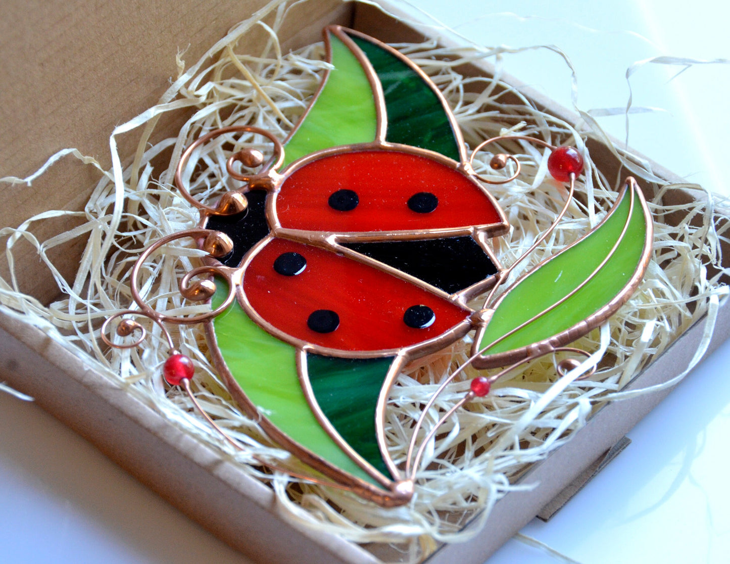 Stained glass ladybug suncatcher, window hanging decoration