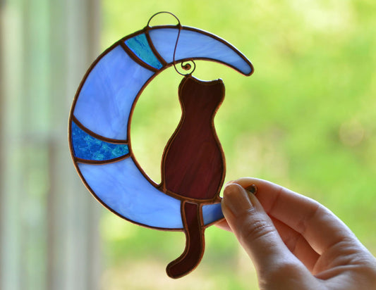 Stained Glass Cat on Moon Suncatcher – Handmade Window Hanging, Pet Loss Memorial Gift