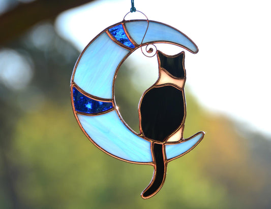 Tuxedo Cat on Moon Stained Glass Window Hanging Suncatcher, Pet Lost Gift